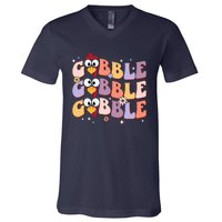 Groovy Retro Gobble Gobble Funny Thanksgiving Turkey Day V-Neck T-Shirt