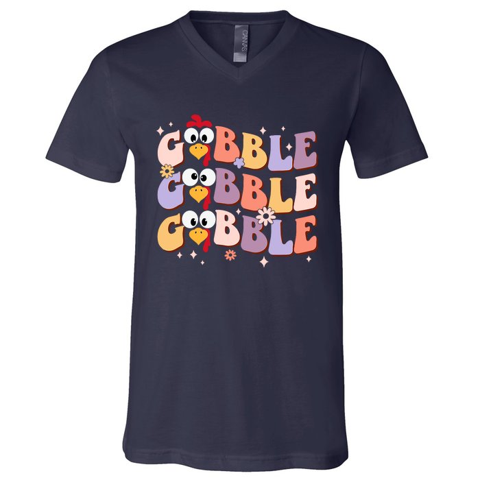 Groovy Retro Gobble Gobble Funny Thanksgiving Turkey Day V-Neck T-Shirt