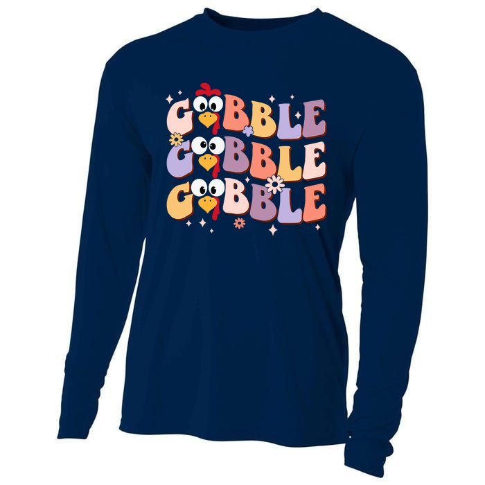 Groovy Retro Gobble Gobble Funny Thanksgiving Turkey Day Cooling Performance Long Sleeve Crew