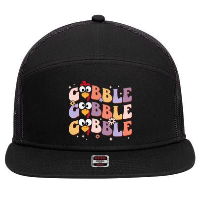 Groovy Retro Gobble Gobble Happy Thanksgiving Turkey Day 7 Panel Mesh Trucker Snapback Hat