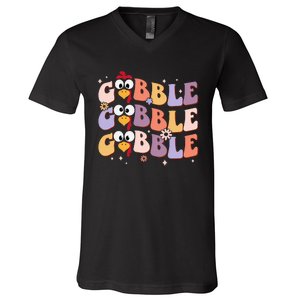 Groovy Retro Gobble Gobble Happy Thanksgiving Turkey Day V-Neck T-Shirt