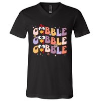 Groovy Retro Gobble Gobble Happy Thanksgiving Turkey Day V-Neck T-Shirt