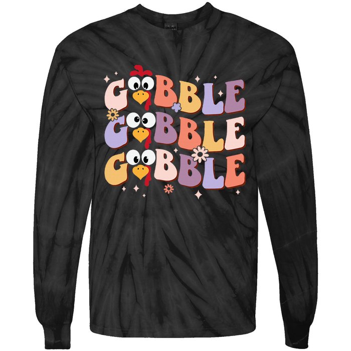 Groovy Retro Gobble Gobble Happy Thanksgiving Turkey Day Tie-Dye Long Sleeve Shirt