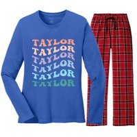 Girl Retro Groovy T.AYLOR First Name Personalized Birthday Women's Long Sleeve Flannel Pajama Set 