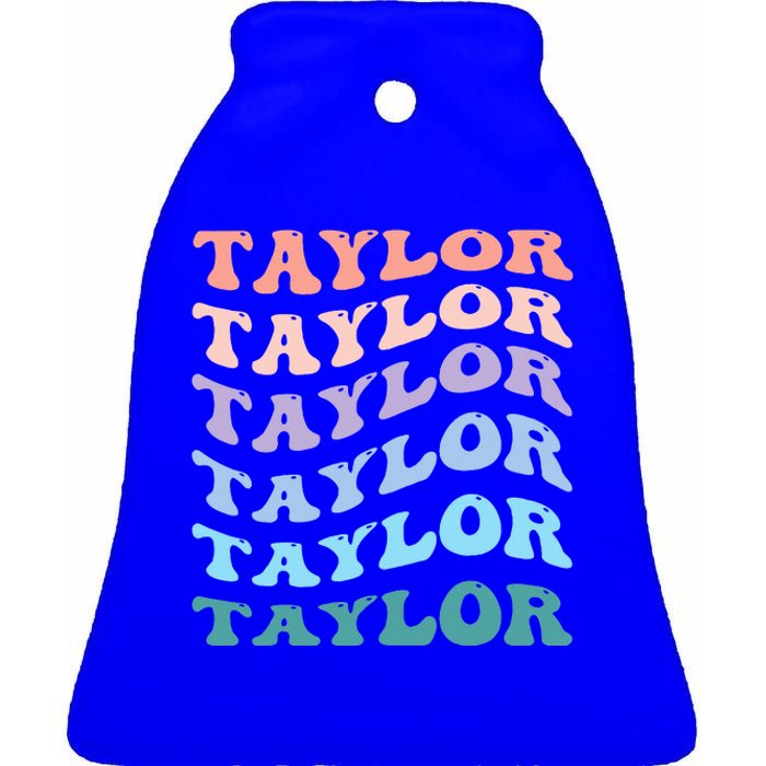 Girl Retro Groovy T.AYLOR First Name Personalized Birthday Ceramic Bell Ornament