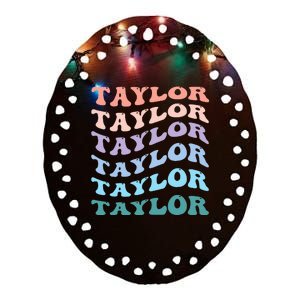 Girl Retro Groovy T.AYLOR First Name Personalized Birthday Ceramic Oval Ornament