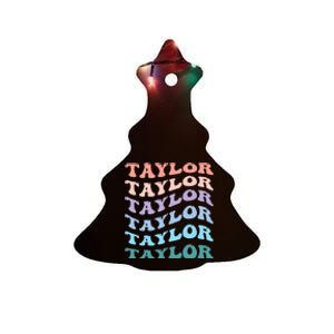 Girl Retro Groovy T.AYLOR First Name Personalized Birthday Ceramic Tree Ornament