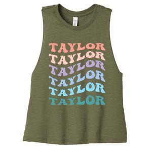 Girl Retro Groovy T.AYLOR First Name Personalized Birthday Women's Racerback Cropped Tank