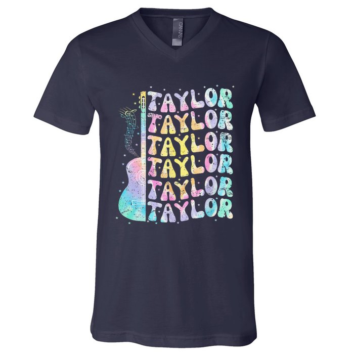 Girl Retro Groovy Taylor First Name Personalized 80S Pink V-Neck T-Shirt