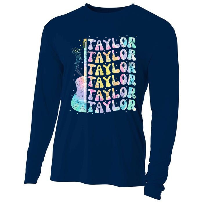 Girl Retro Groovy Taylor First Name Personalized 80S Pink Cooling Performance Long Sleeve Crew