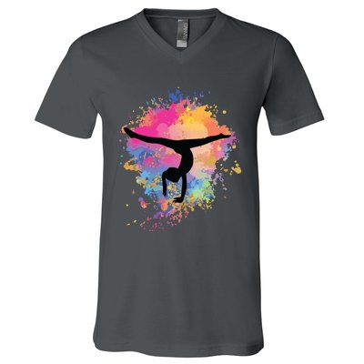 Girl Rainbow Gymnastics Female Gymnast Silhouette HandStand V-Neck T-Shirt