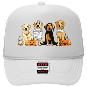 Golden Retriever Ghost Dog Halloween Golden Retriever Witch Vneck High Crown Mesh Back Trucker Hat