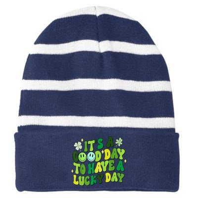 Green Retro Groovy St Patricks Day Party Striped Beanie with Solid Band