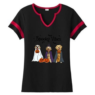 Golden Retriever Ghost Dogs Halloween Dog Witch Spooky Vibes Ladies Halftime Notch Neck Tee