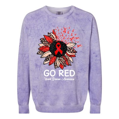 Go Red Heart Disease Awareness Month Ribbon Sunflower Gift Colorblast Crewneck Sweatshirt