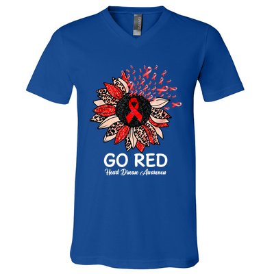 Go Red Heart Disease Awareness Month Ribbon Sunflower Gift V-Neck T-Shirt