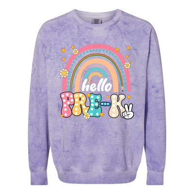 Groovy Rainbow Hello Pre K First Day Teacher Colorblast Crewneck Sweatshirt