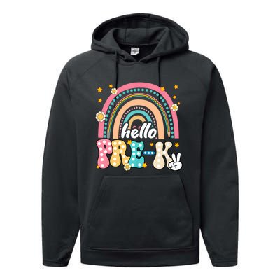 Groovy Rainbow Hello Pre K First Day Teacher Performance Fleece Hoodie