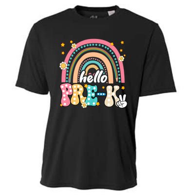 Groovy Rainbow Hello Pre K First Day Teacher Cooling Performance Crew T-Shirt