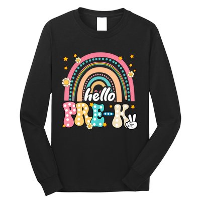 Groovy Rainbow Hello Pre K First Day Teacher Long Sleeve Shirt