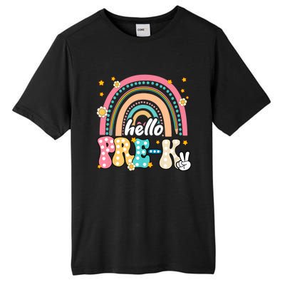 Groovy Rainbow Hello Pre K First Day Teacher Tall Fusion ChromaSoft Performance T-Shirt