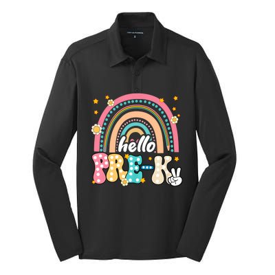 Groovy Rainbow Hello Pre K First Day Teacher Silk Touch Performance Long Sleeve Polo