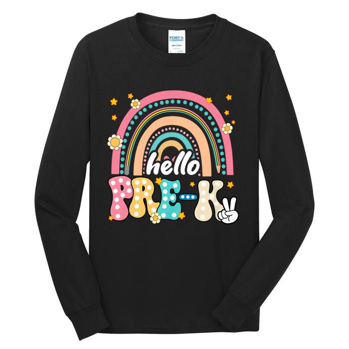 Groovy Rainbow Hello Pre K First Day Teacher Tall Long Sleeve T-Shirt