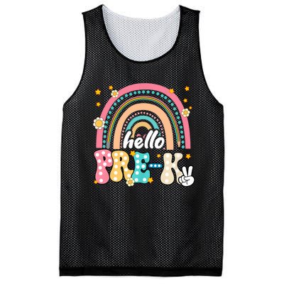 Groovy Rainbow Hello Pre K First Day Teacher Mesh Reversible Basketball Jersey Tank