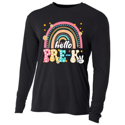 Groovy Rainbow Hello Pre K First Day Teacher Cooling Performance Long Sleeve Crew