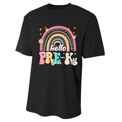 Groovy Rainbow Hello Pre K First Day Teacher Performance Sprint T-Shirt