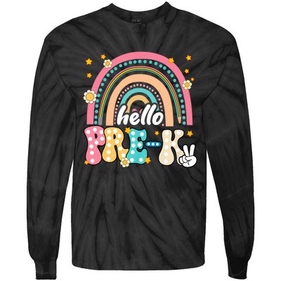 Groovy Rainbow Hello Pre K First Day Teacher Tie-Dye Long Sleeve Shirt