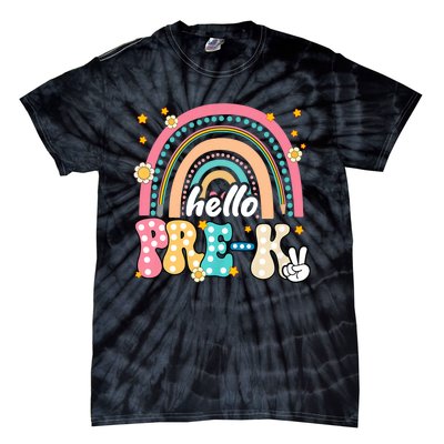 Groovy Rainbow Hello Pre K First Day Teacher Tie-Dye T-Shirt