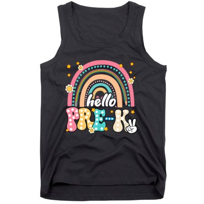 Groovy Rainbow Hello Pre K First Day Teacher Tank Top