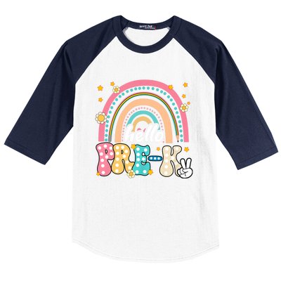 Groovy Rainbow Hello Pre K First Day Teacher Baseball Sleeve Shirt