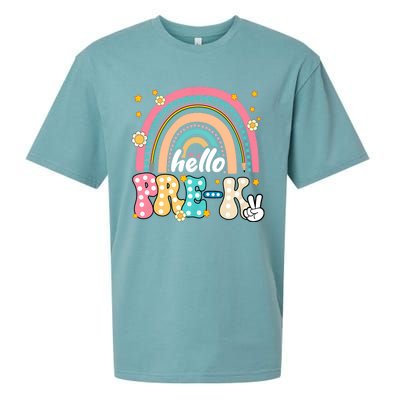 Groovy Rainbow Hello Pre K First Day Teacher Sueded Cloud Jersey T-Shirt