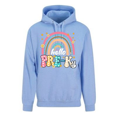 Groovy Rainbow Hello Pre K First Day Teacher Unisex Surf Hoodie