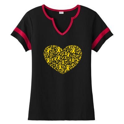 Gold Ribbon Heart Childhood Cancer Awareness Support Ladies Halftime Notch Neck Tee