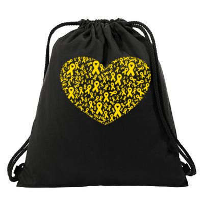 Gold Ribbon Heart Childhood Cancer Awareness Support Drawstring Bag