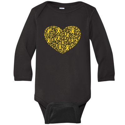 Gold Ribbon Heart Childhood Cancer Awareness Support Baby Long Sleeve Bodysuit