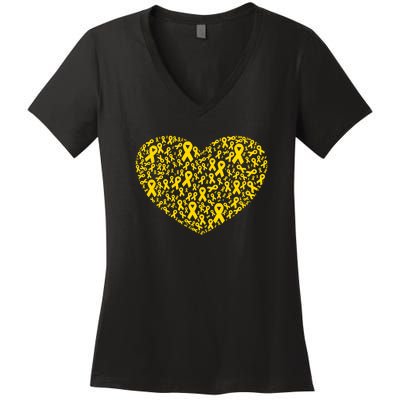 Gold Ribbon Heart Childhood Cancer Awareness Support Women's V-Neck T-Shirt