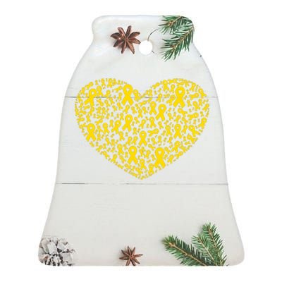 Gold Ribbon Heart Childhood Cancer Awareness Support Ceramic Bell Ornament