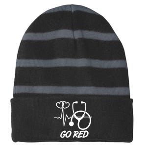 Go Red Heart Disease Awareness Month Wear Red Striped Beanie with Solid Band