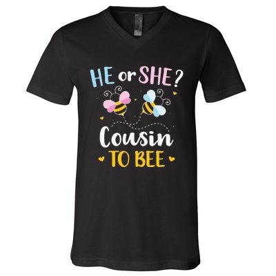 Gender reveal he or she cousin matching family baby party V-Neck T-Shirt