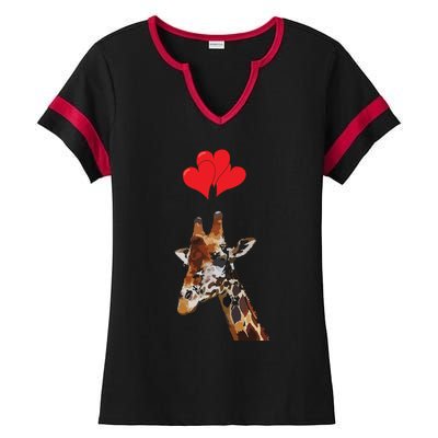 Giraffe Red Heart Valentines Day Gift For Women Ladies Halftime Notch Neck Tee