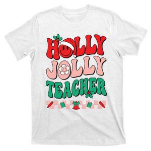 Groovy Retro Holly Xmas Jolly Teacher Christmas Vibes Hippie T-Shirt