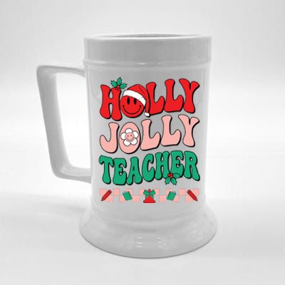 Groovy Retro Holly Xmas Jolly Teacher Christmas Vibes Hippie Beer Stein