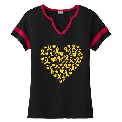 Gold Ribbon Heart Childhood Cancer Awareness Support Ladies Halftime Notch Neck Tee