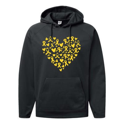 Gold Ribbon Heart Childhood Cancer Awareness Support Performance Fleece Hoodie