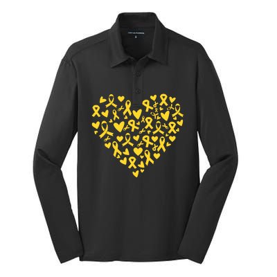 Gold Ribbon Heart Childhood Cancer Awareness Support Silk Touch Performance Long Sleeve Polo