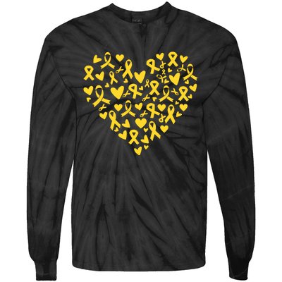 Gold Ribbon Heart Childhood Cancer Awareness Support Tie-Dye Long Sleeve Shirt